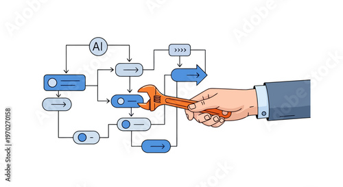 Professional hand holding a wrench meticulously adjusting a complex digital workflow diagram showing artificial intelligence integration and process automation development for business solutions