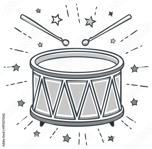 Illustration of a Musical Percussion Drum Instrument with Drumsticks and Stars