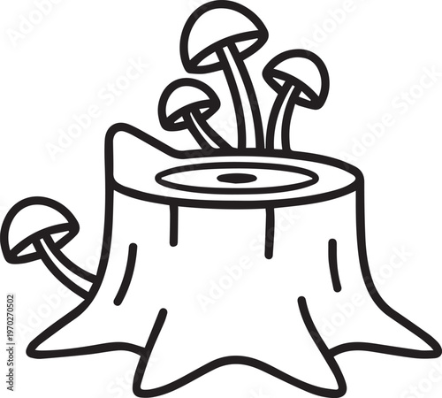 Minimalist Black and White Tree Stump with Mushrooms Vector Icon Perfect for Nature Conservation Posters, Forestry Education Materials, Sustainable Landscaping Guides, Eco-Friendly