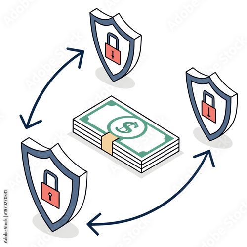 This illustration depicts financial security with money protected by shields and arrows indicating the flow of safe transactions high quality