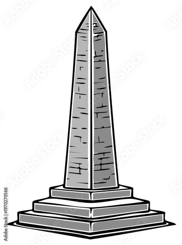 Monolithic stone obelisk structure with a pyramidal top stands tall on a tiered platform base.