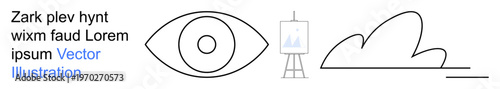 Creativity, vision, simplicity, minimalism, design art, abstract ideas. Minimalist elements include eye, artist easel with chart and cloud line drawing. Creativity and vision concept