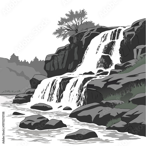 A grayscale illustration depicts a cascading waterfall flowing into a calm pool surrounded by rocky terrain and sparse trees
