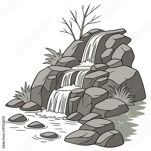 A simplified illustration depicts a cascading waterfall flowing over gray rocks surrounded by sparse vegetation and a small pool