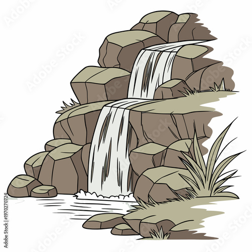 A cartoon illustration depicts a cascading waterfall flowing over layered brown rocks and into a small pool below high quality