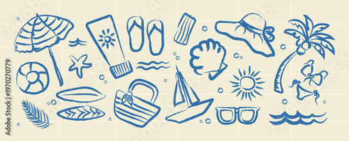 Doodle Hand Drawn Summer Trendy Icon set. Summer Vintage Whimsical Elements in Charcoal Pencil Style. Summer Beach Icons in Pencil Doodle Style. Drawing ink. Travel drawing hand drawn. Sketch Italian