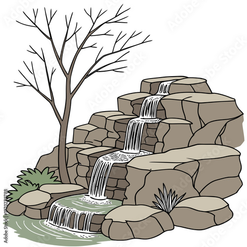 A simplified illustration depicts a cascading waterfall flowing over layered rocks with a solitary tree nearby high quality professional detailed