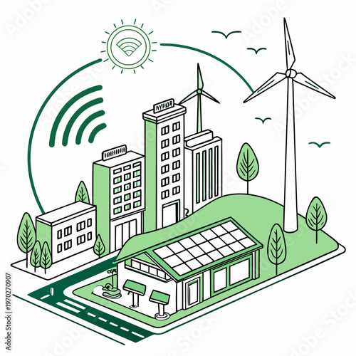 An illustrative depiction showcases a futuristic green city integrating renewable energy sources like wind solar and wireless connectivity high quality