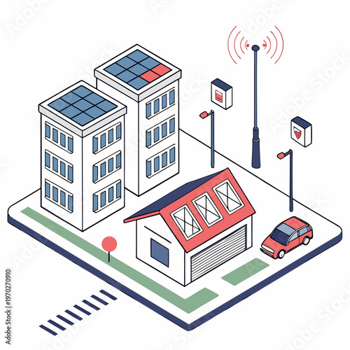 An isometric illustration depicts a smart city concept with solar panels wireless communication and electric vehicles high quality professional detailed