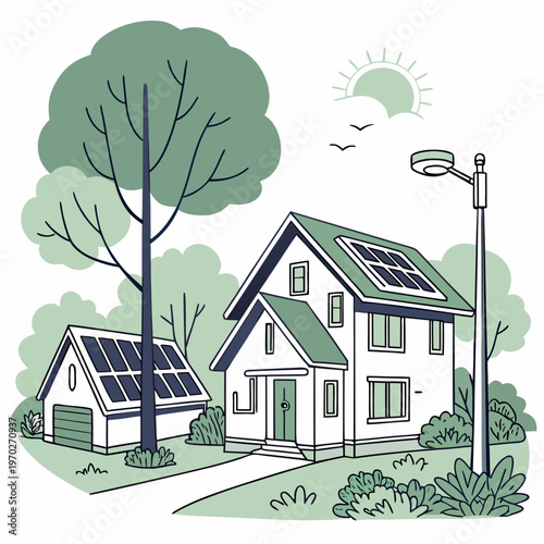 A charming illustration depicts a quaint house with solar panels a smaller shed and surrounding green foliage under a sunny sky