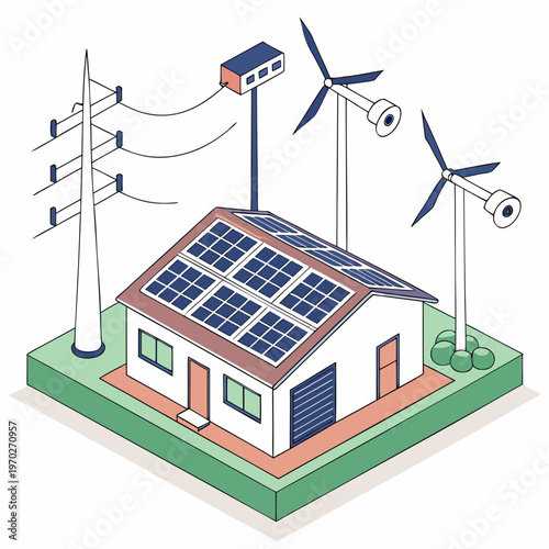An isometric illustration depicts a sustainable home powered by solar panels wind turbines and connected to power lines high quality