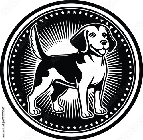 A black and white vector illustration of a happy beagle dog standing inside a circular emblem