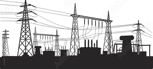 Black and white of industrial power lines and substation with lattice towers