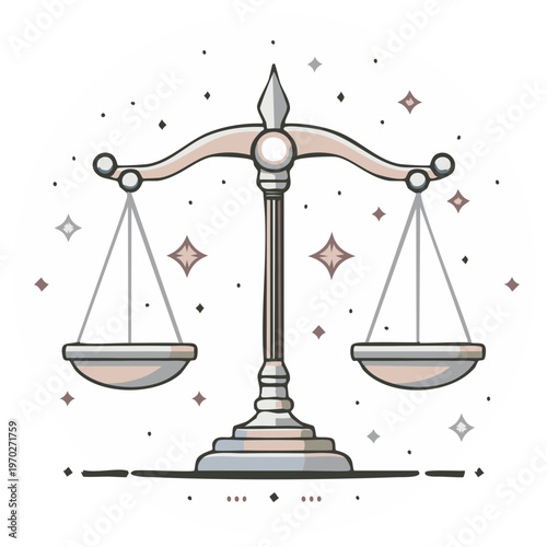 Ornate Scales of Justice Illustration Depicting Balance, Law, and Fairness With Stylized Stars, Dots, and Modern Design