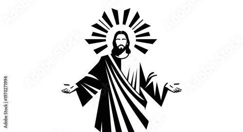 Jesus Christ Extending Hand with Radiating Light, Christian Religious Guidance on Isolated White Background