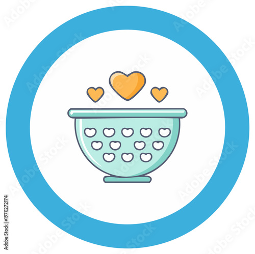 Kitchen colander with heart shaped holes and floating hearts flat vector illustration