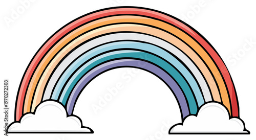 Colorful illustration of a rainbow with fluffy clouds, symbol of hope and happiness.