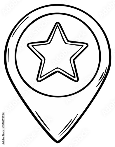 Star symbol inside a location marker, hand drawn sketch design.