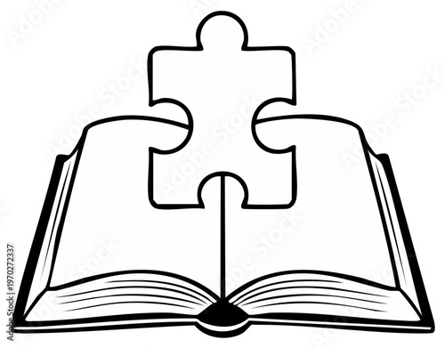 Open Book with Puzzle Piece Education Concept Black and White Outline Illustration