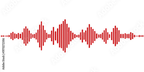 Abstract red heart beat wave illustration with a digital equalizer audio spectrum and blue technology waveform lines on a bright electronic data background