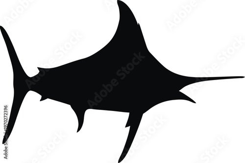 A minimalist black silhouette of a swordfish isolated on a clean and simple white background view