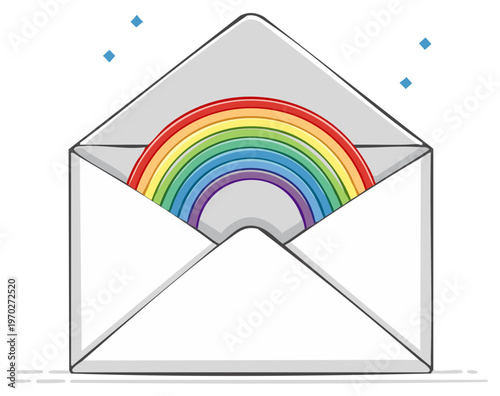 Open envelope reveals bright rainbow inside with sparkling blue diamonds