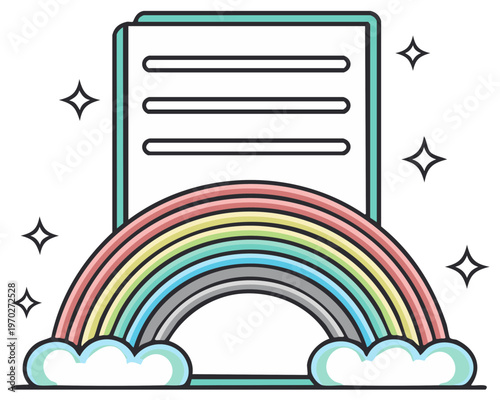 Successful document concept with a colorful rainbow clouds and sparkling stars flat vector design