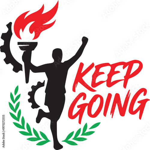 Keep Going Icon: A dynamic illustration captures the essence of perseverance and determination. A silhouette of a runner holding a flaming torch symbolizing strength and endurance.