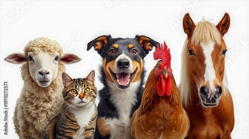 Group of five cute farm and domestic animals including a horse dog cat sheep and rooster looking forward. Playful pet scene, animal diversity, veterinary care concept.
