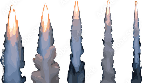 A collection of stylized rocket exhaust plumes in varying shades of blue and grey, illustrating the powerful and dynamic nature of liftoff