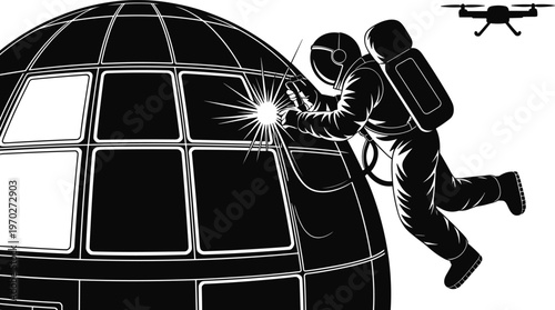 Astronaut welding a spherical space station dome with sparks flying while a drone hovers nearby in a black and white