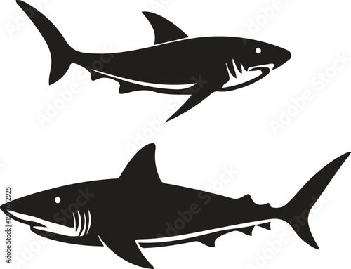 A pair of minimalist black silhouettes depicting sharks swimming in opposite directions on white