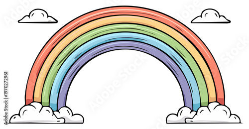 Vibrant rainbow arching in sky with fluffy white clouds and colorful spectrum