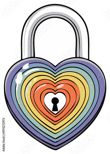 Heart shaped padlock with rainbow colors and silver shackle security love symbol