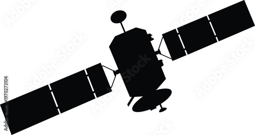 Detailed black silhouette of a functional satellite featuring a central body, dish antenna, and extended solar panels against a white background
