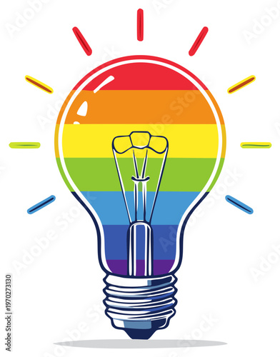 Rainbow colored lightbulb illustration, conceptual symbol for ideas and inspiration