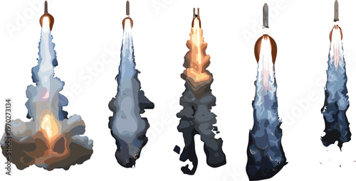 Diverse rocket launch exhaust plumes in various stages of ascent showcasing vibrant fiery oranges and cool blues against a stark white background