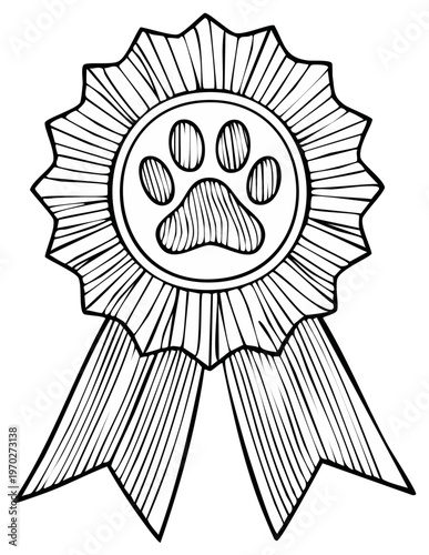 Drawn dog show award ribbon with paw print emblem, pet prize illustration