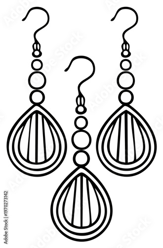 Pair of Elegant Dangle Earrings and Single Earring Design, Bead String, Jewelry Line Art Illustration
