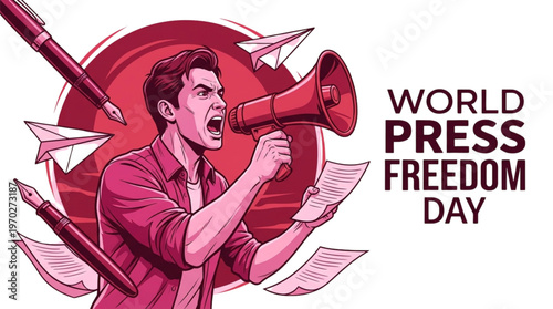 Journalist Shouting News via Megaphone, Paper Airplanes, Pens, World Press Freedom Day, Communication, Information, Activism