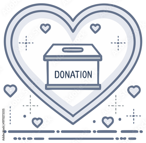 Heart shape with donation box and hearts, simple line drawing with blue accents