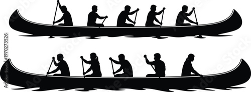 Cad drawing flat vector illustration, silhouette people rowing canoe on water, team paddling boat, outdoor sports, recreation activity, isolated icon.