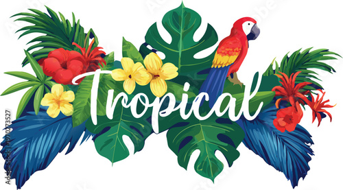 Tropical floral arrangement with colorful parrot and exotic leaves and flowers  tropical floral arrangement with colorful parrot and exotic leaves and flowers