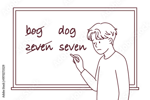 Coloring page of a boy confusing letters at the school blackboard due to dyslexia. Black and white line art for teachers and parents to help children learn.