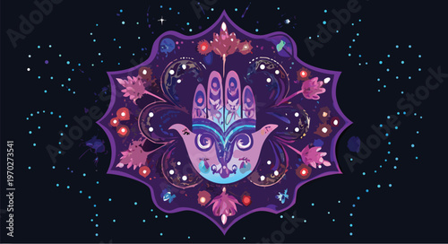 Colorful mandala design with purple blue and pink hues and stars on dark background