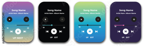 Music player app design illustration, UIUX screen set with profile album song and playlist templates in simple and gradient style.