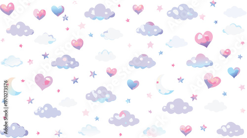 Whimsical pastel clouds hearts stars and moons on white background for kids sweet design elements  lovely dreamy scenery with soft colorful shapes