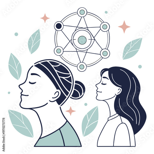 Two women in profile with a circular diagram above their heads symbolizing thought connection and holistic wellness high quality professional