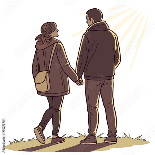 A couple walks hand in hand viewed from behind bathed in warm sunlight suggesting companionship and a peaceful outdoor moment
