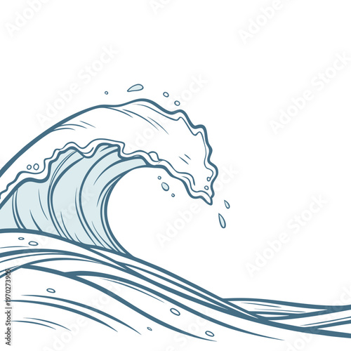 A stylized blue line drawing depicts a powerful ocean wave curling and breaking showcasing dynamic water movement high quality professional
